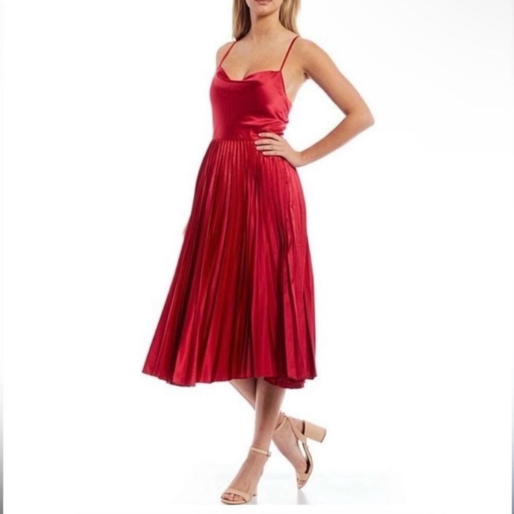 Laundry by Shelli Segal satin pleated cowl neck midi dress hot pink red size 10